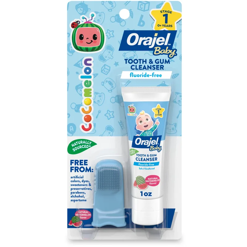 Baby CoComelon Fluoride-Free Toothpaste Watermelon Flavor, and Soft Finger Brush