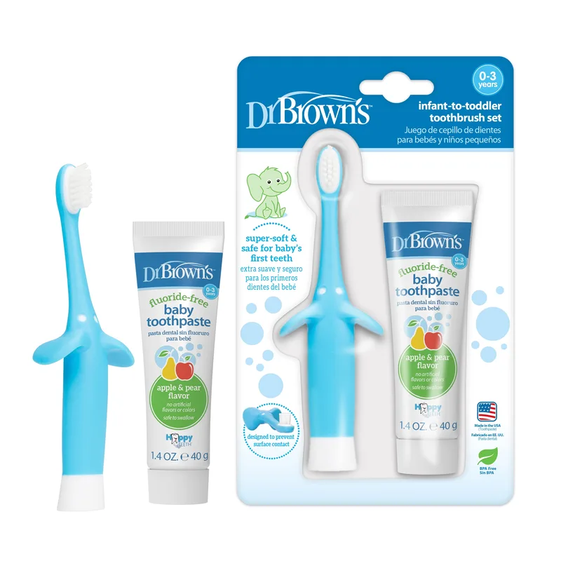 Infant-to-Toddler Training Toothbrush and Toothpaste, Blue Elephant/Apple Pear, 0-3 Years, Set