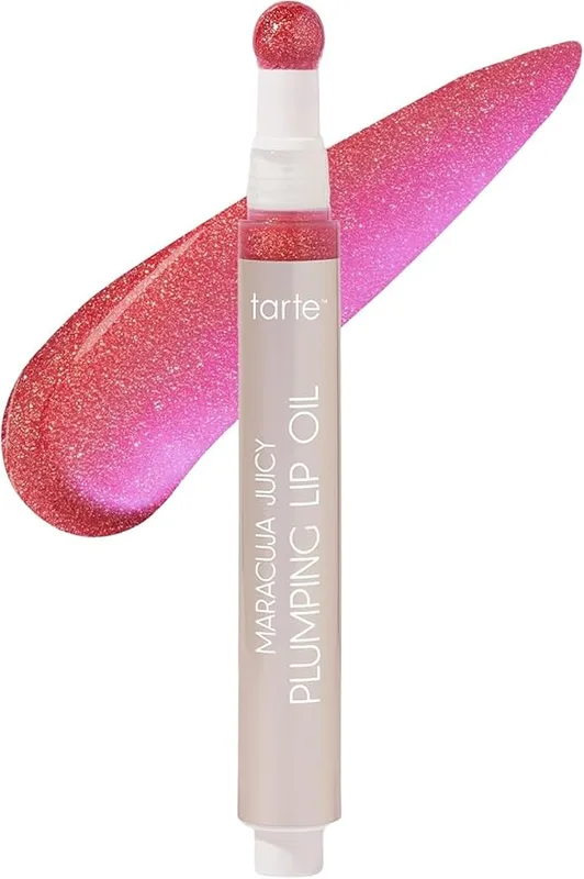 maracuja juicy plumping lip oil, shimmering hibiscus