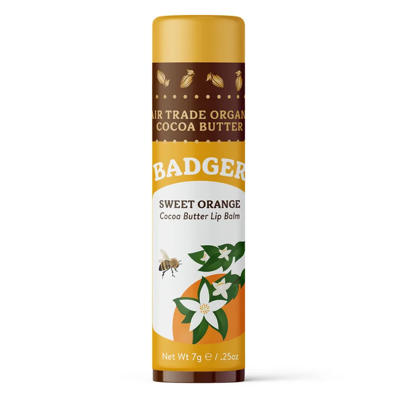 Badger - Cocoa Butter Lip Balm, Sweet Orange, Certified Organic Lip Balm, 0.25 oz Stick