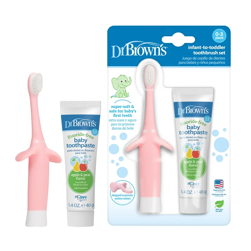 Infant to Toddler Training Toothbrush, Pink Elephant + Apple Pear Baby Toothpaste, 0-3Y