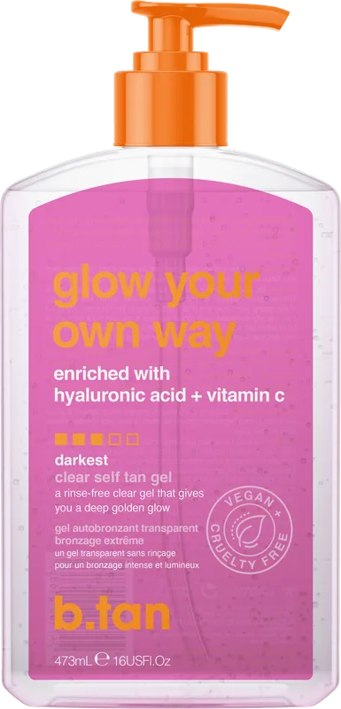 Glow Your Own Way Clear Self Tan Gel enriched with hyaluronic acid + vitamin c, no rinse required