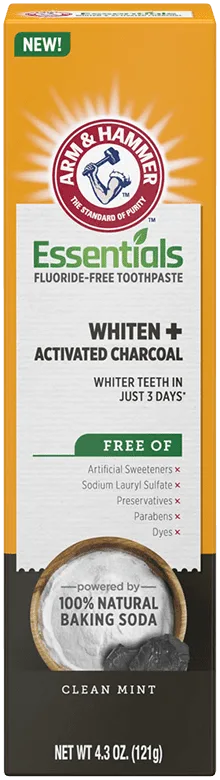Essentials Fluoride-Free Toothpaste Whiten + Activated Charcoal-One 4.3oz Tube, Clean Mint- 100% Natural Baking Soda