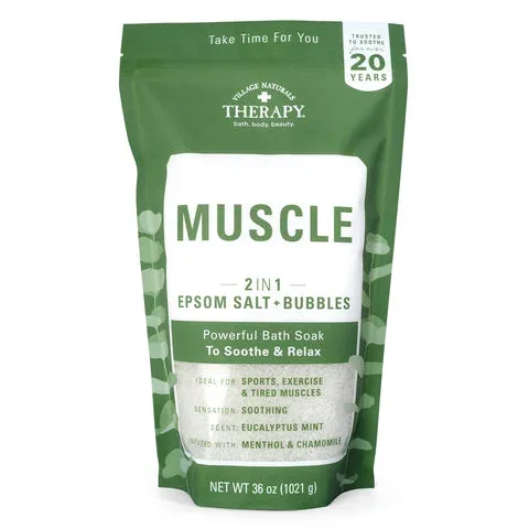 Village Naturals + Therapy, Muscle, 2 in 1 Epsom salt + Bubbles bath soak, Eucalyptus mint